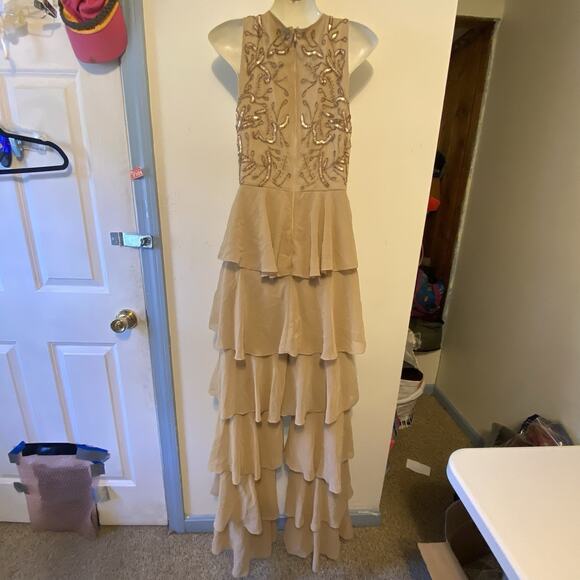 Maya Tall OveralDress Nude Sequins SheerLace Zip Sleeveless Ruffle 90s Festive 4 - Picture 9 of 12